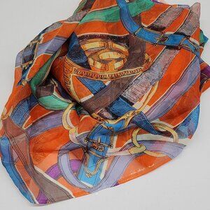 Vintage Sheer Apparel Fabric Orange Belts Equestrian Design Royal 2 yds 53"